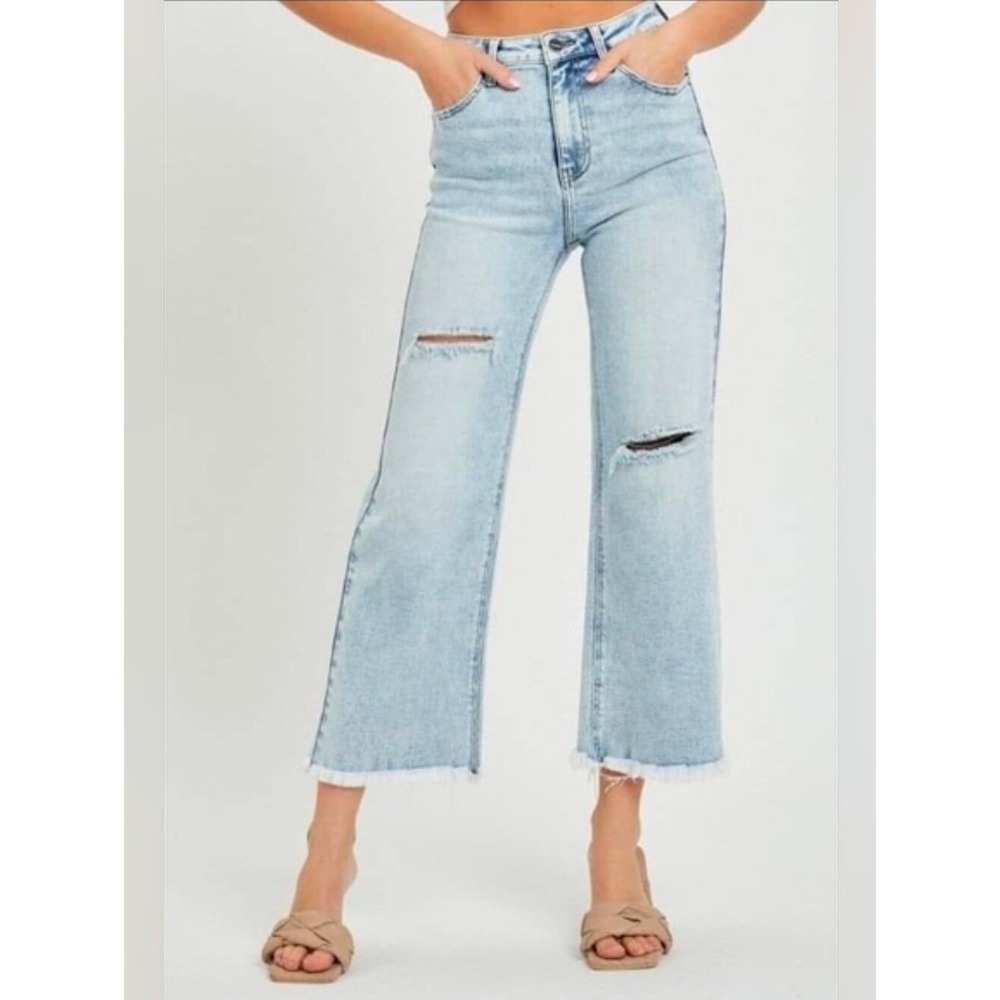 Risen High Rise Frayed Ankle Wide Leg Jeans Light Wash Distressed Womens 9/29 - Picture 2 of 13